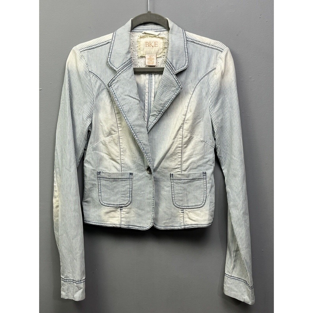 BKE Blazer Womens Small Blue‎ Hickory Stripe Denim Jacket Western Stretch Cotton